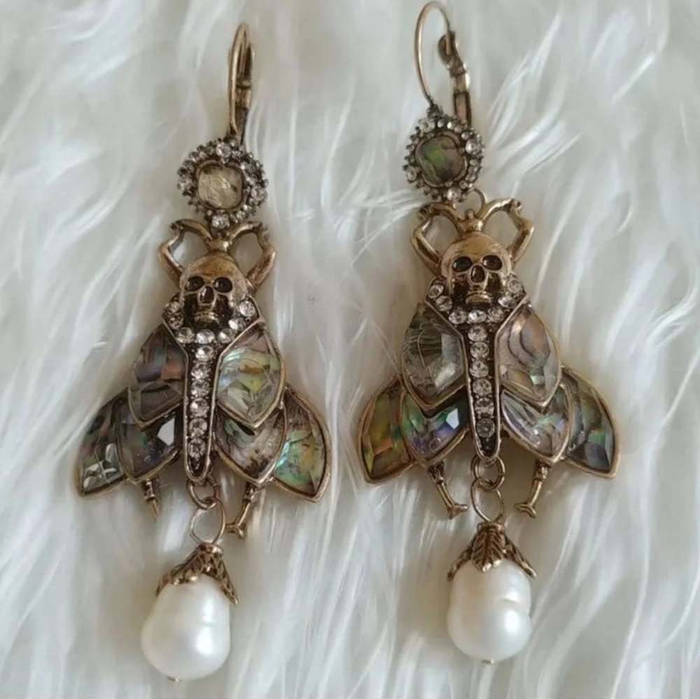 NEW Death's Head Moth Abalone & Pearl Skull Insect Iridescent Earrings
